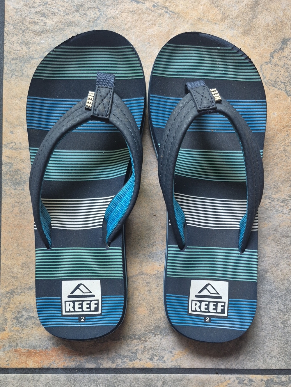 Reef Men's Black Flip Flops with Blue & Teal Stripes